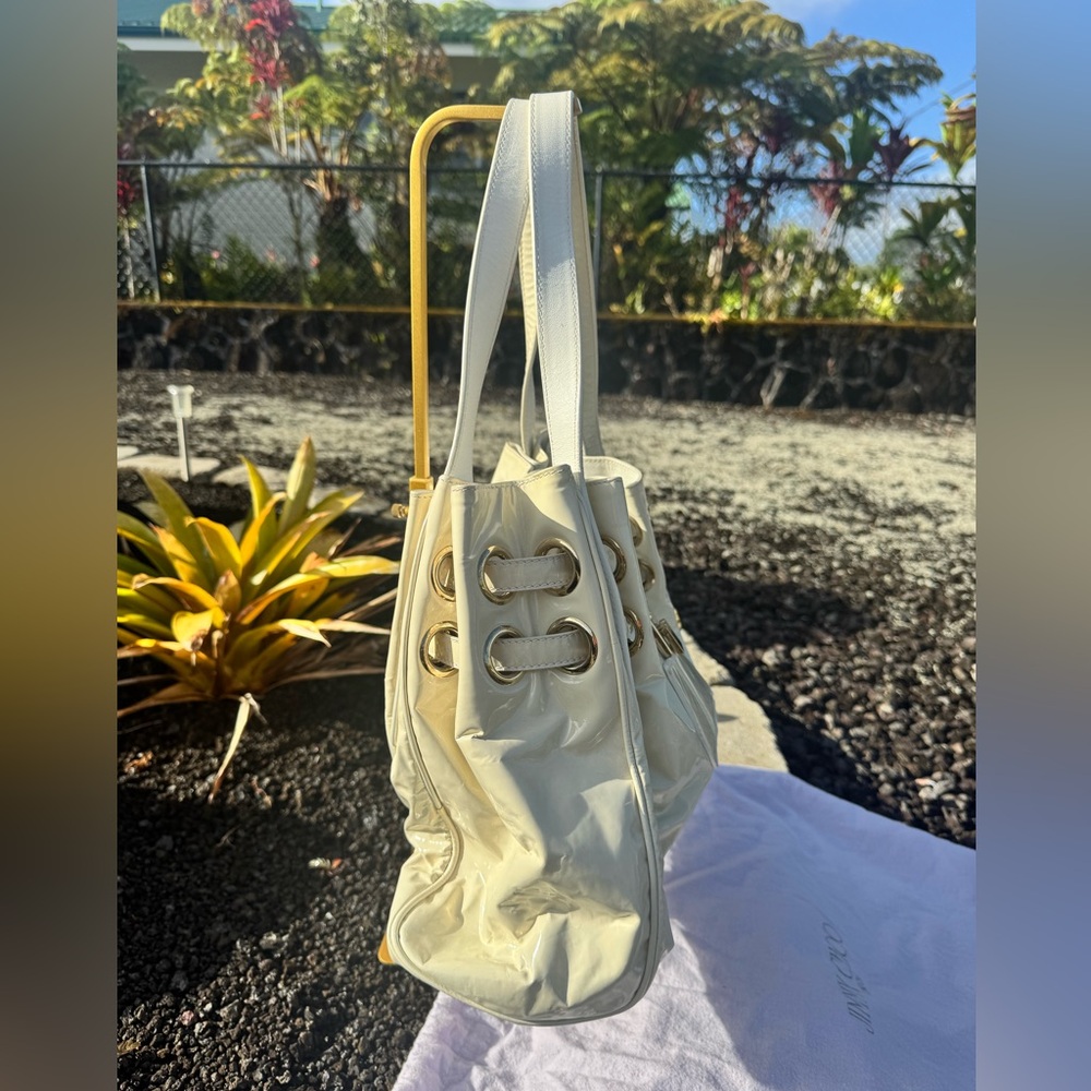 Jimmy Choo Made in Italy White Patent Leather Drawstring Tote - Picture 11 of 17